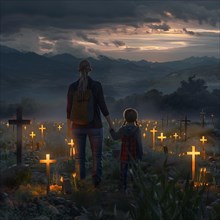 An adult figure and a child walking hand in hand in a cemetery at sunset, war, war graves, military