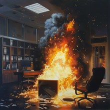 An office burns, paper swirls through the air and dramatic light penetrates the thick smoke, AI