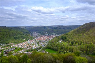 View from the medieval castle ruins of Hohenurach on the Swabian Alb over Bad Urach,