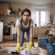 A concentrated woman with her sleeves rolled up cleans the floor in the kitchen, No desire to tidy