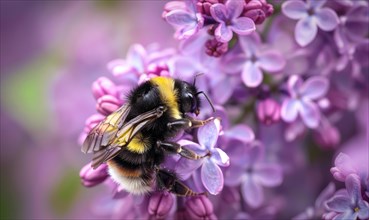 Close-up of a bumblebee pollinating lilac flowers AI generated