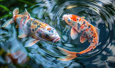 Close-up of a pair of koi fish swimming in a pond AI generated