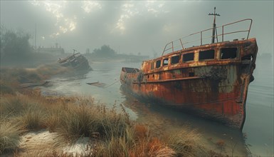A rusty, abandoned boat on a desolate, foggy beach creates an eerie, abandoned atmosphere, AI