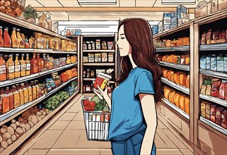 The beautiful woman is looking at the shelves to buy something from the supermarket. ai generative,