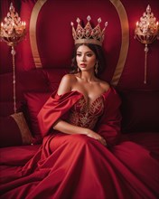 Fashion interior photo of beautiful sensual woman with dark hair in luxurious dress and crown