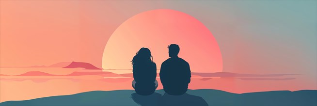 Two people, a couple, sitting by the sea and watching a peaceful sunrise, romantic, AI generated,
