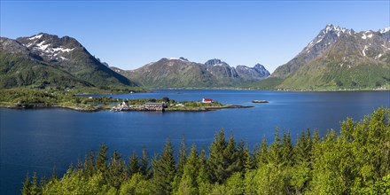 Landscape on the Lofoten Islands with sea and mountains. The Sildpollnes peninsula in the