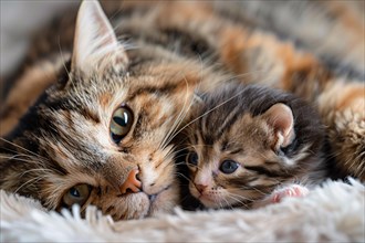 Cute tabby cat cuddiling with young kitten, KI generiert, generiert, AI generated