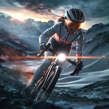 Cyclist on a snowy route, surrounded by an impressive winter landscape, AI generated