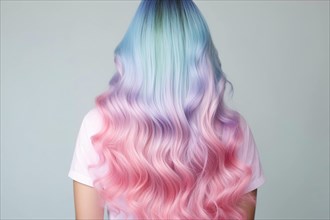 Back view of woman with multicolored pastel hair. KI generiert, generiert, AI generated