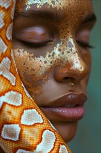 A woman's face adorned with gold leaf and a snake wrapped around, blurry teal turquoise solid