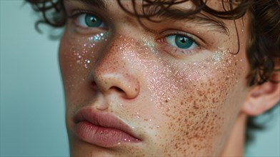 Soft gaze of a blue-eyed individual with copper sparkles on face, blurry teal turquoise solid