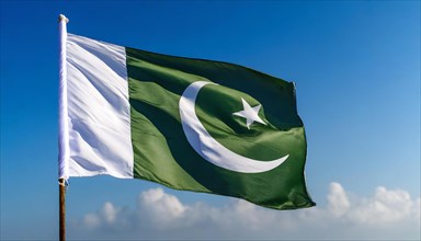 The flag of Pakistan flutters in the wind, isolated against a blue sky