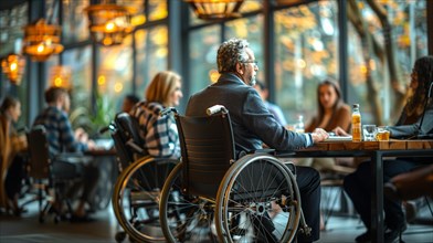 Person in a wheelchair enjoying a moment in a cozy restaurant with friends, AI generated