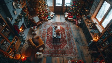 Cozy Christmas setting with a decorated tree and presents in a rustic wooden room, AI generated