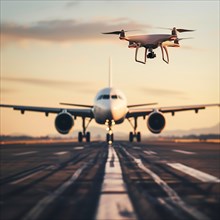 Drone backlit in front of an aircraft on the runway at dusk, drone, attack, AI generated