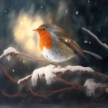 Robin redbreast on a branch in winter with snow. Generative AI image, AI generated