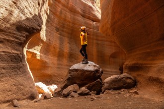 A person is standing on a rock in a canyon. The canyon is filled with rocks and dirt, and the