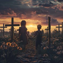Siblings holding hands in a flower-covered cemetery, war, war graves, military cemetery, AI