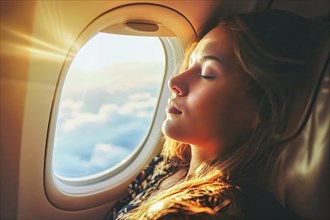 A woman rests by the aeroplane window and enjoys the sunlight, AI generated, AI generated