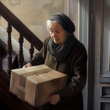 Senior citizen with scarf on stairs, pensively looking at a parcel in the light of a window,