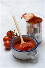 Tinned tomatoes in a bowl, tin can and tomatoes