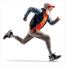 Stylish older man sprints dynamically in modern running clothes, exuberant and cheerful, start