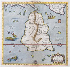 Sri Lanka as the mythical island of Taprobana, hand-coloured copperplate engraving by Gerhard