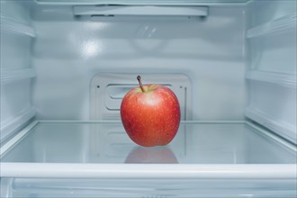 Close up of single apple in open refrigerator. KI generiert, generiert, AI generated