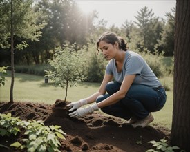 Beautiful woman planting a tree in the garden. Gardening concept. ai generative, AI generated