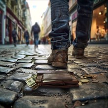 A lost wallet lies on the pavement of a street surrounded by coins and a banknote, AI generated