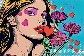 Illustration in pop art design of a woman with pink flowers, surrounded by hearts, AI generated, AI