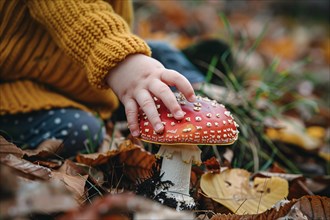 Child's hands picking up red toxic fly agaric Amanita Muscaria mushroom in forest. KI generiert,