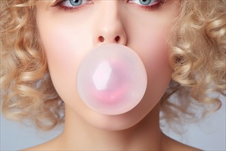 Woman blowing large pink bubblegum bubble. KI generiert, generiert, AI generated