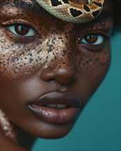 A striking portrait of a woman with golden makeup and a snake wrapped around her, blurry teal