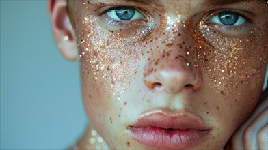 Close-up portrait of a blue eyed individual with glitter on skin and freckles, blurry teal