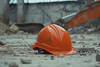 Orange safety helmet lying on at construction site. KI generiert, generiert, AI generated