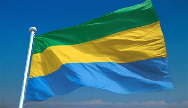 The flag of Gabon flutters in the wind, isolated against a blue sky