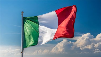 The flag of Italy flutters in the wind, isolated against a blue sky