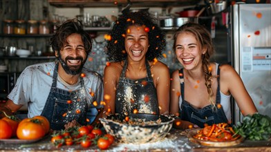 Friends are playfully cooking, covered in flour and tomatoes, in a kitchen bursting with energy, AI