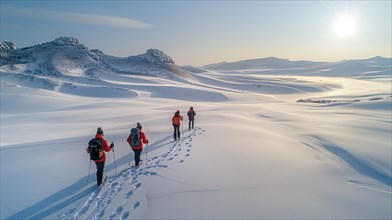 A group of trekkers walking in the snow with the mountains basking in the glow of sunrise, AI
