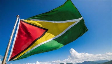 The flag of Guyana, fluttering in the wind, isolated, against the blue sky