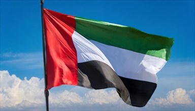 The flag of United Arab Emirates, fluttering in the wind, isolated, against the blue sky