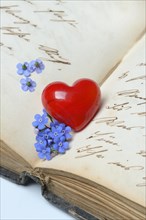 Red heart and forget-me-not flower on old diary