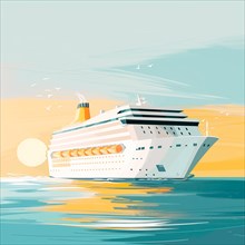 A large cruise ship is sailing on the ocean with a beautiful sunset in the background. AI generated
