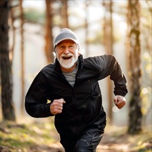 An older man runs smiling in sportswear in a sun-drenched forest, start running, start, advert,