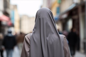 Back view of woman in gray burka in street. KI generiert, generiert, AI generated