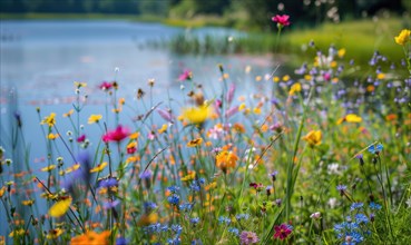 Close-up of vibrant wildflowers lining the banks of a spring lake AI generated
