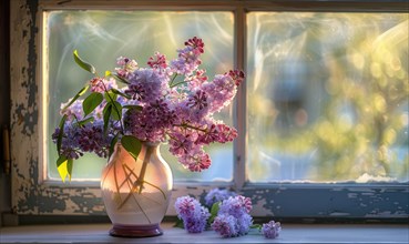 A vase of lilacs on a windowsill, fresh AI generated