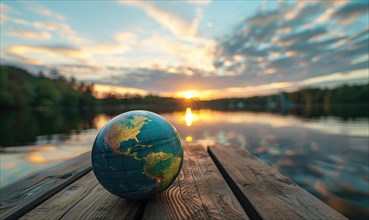 An Earth globe placed on a wooden dock overlooking a calm lake with a picturesque sky AI generated
